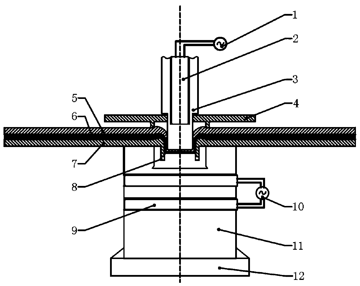 Carbon fiber composite material and aluminum alloy material rivetless stamping vibration connection method and its mold