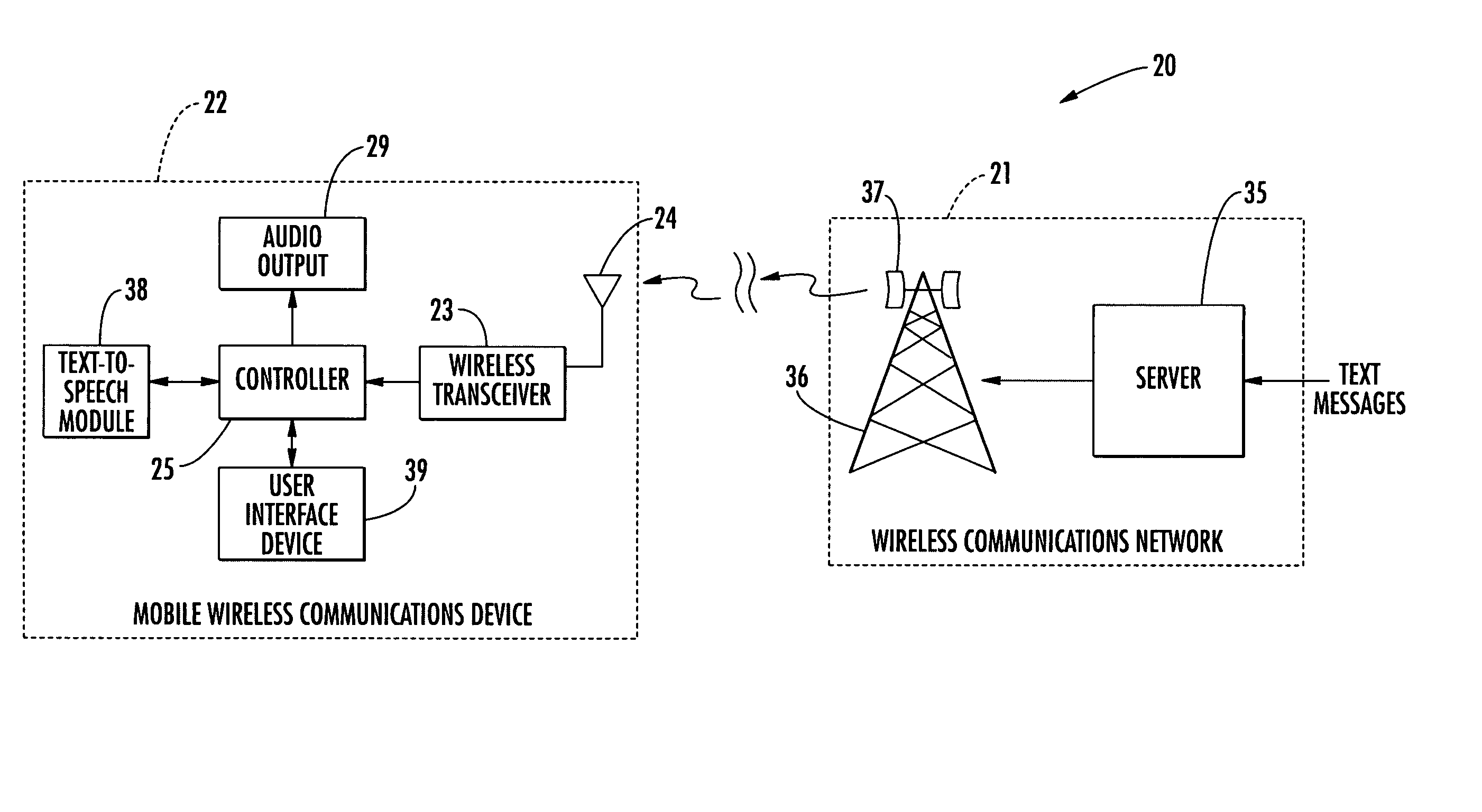 Communications system providing text-to-speech message conversion features using audio filter parameters and related methods
