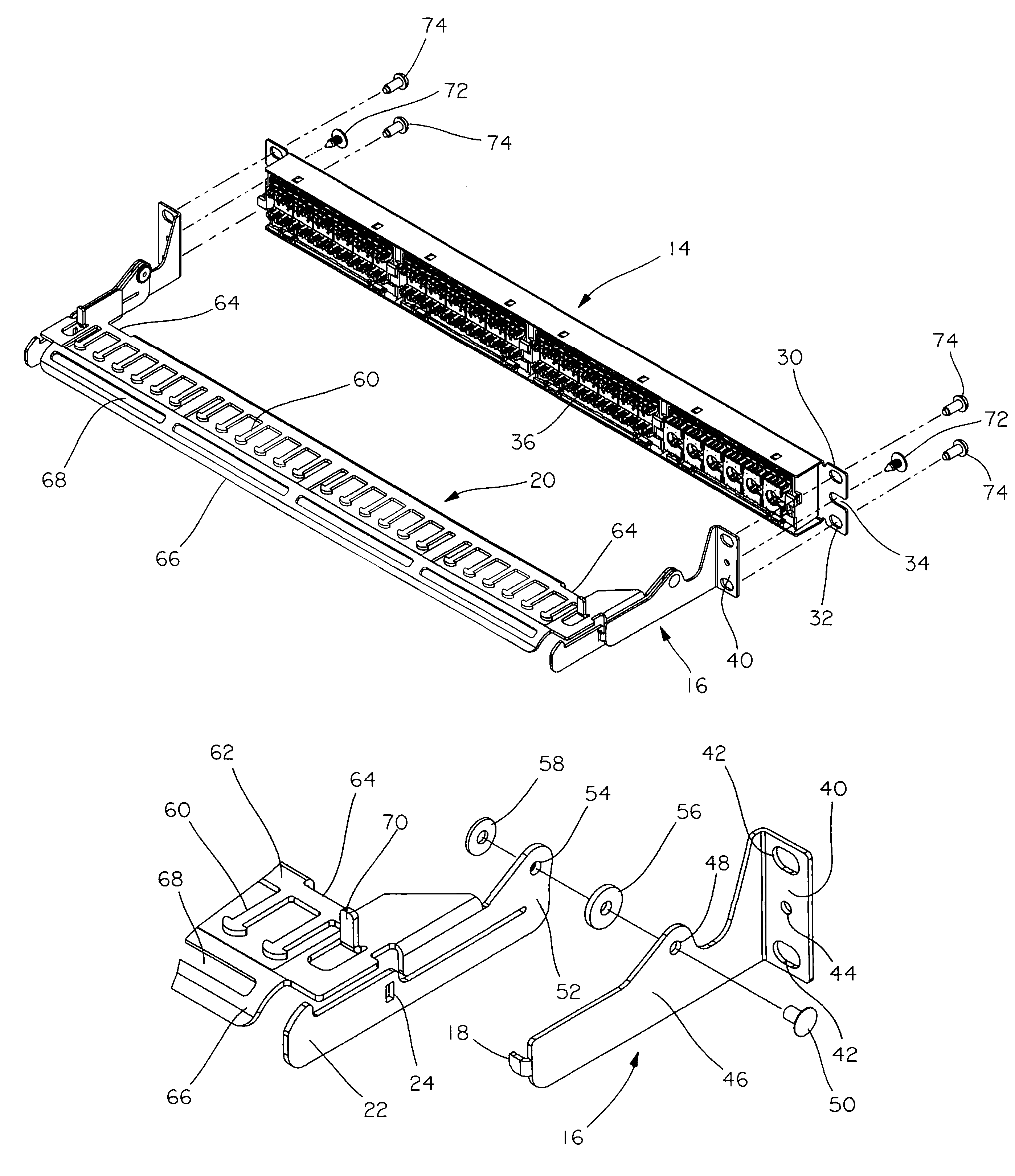 Pivoting strain relief bar for data patch panels