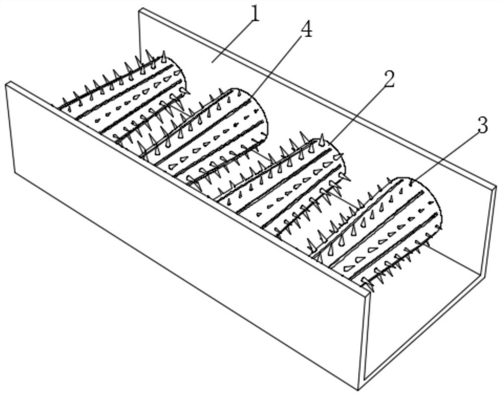 A wall-attached undulating textile wastewater fiber interception and crushing device