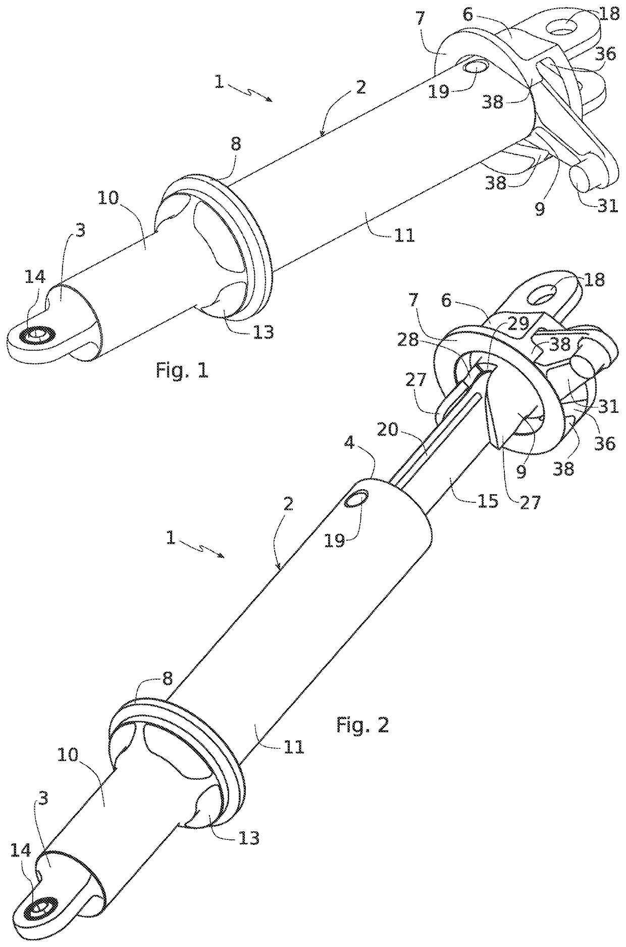 Emergency opening device for an aircraft door, comprising a telescopic operating member