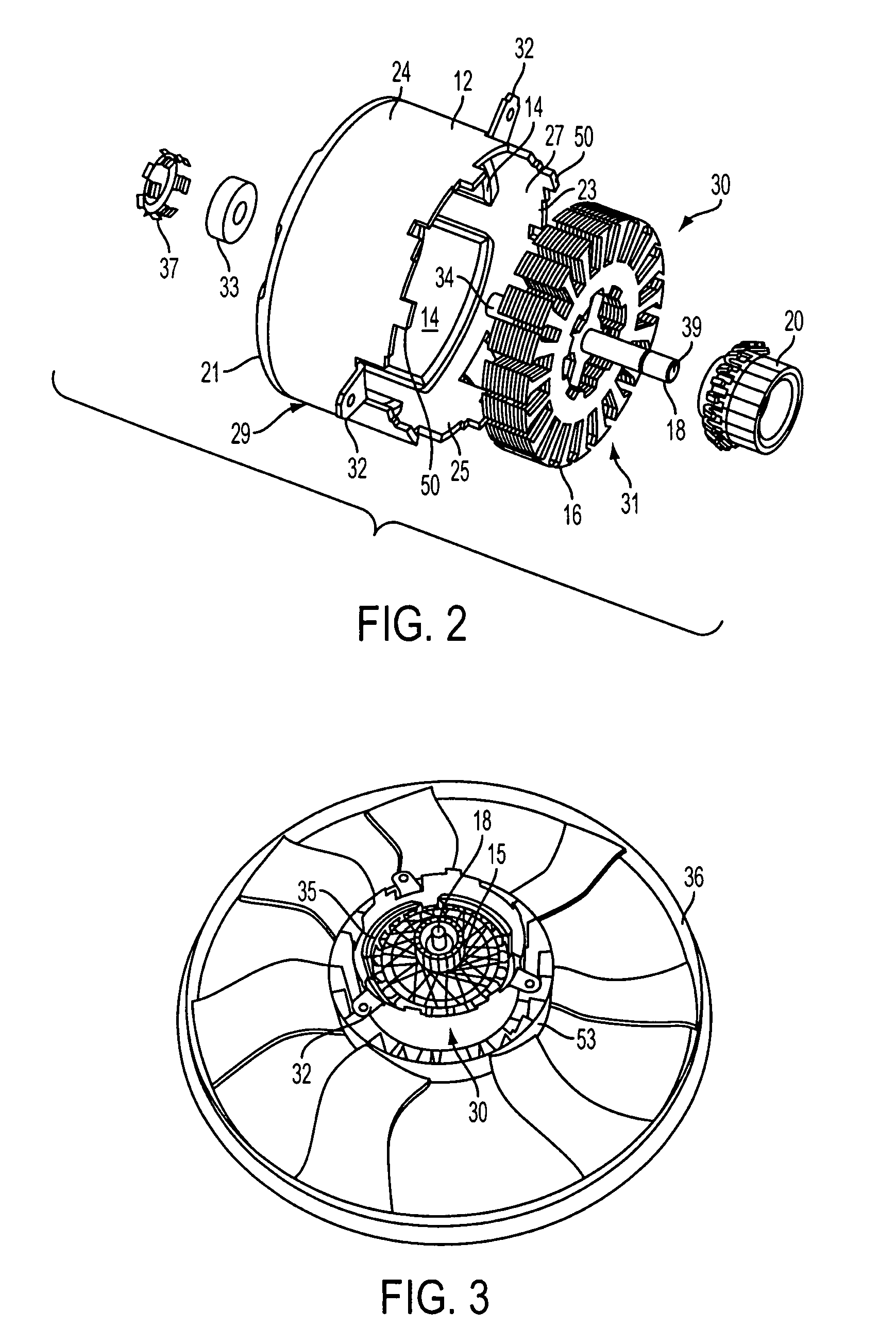 Electric motor cooling module having bearing structure nested directly in a brush and connector unit that is mounted directly to a cover of a shroud