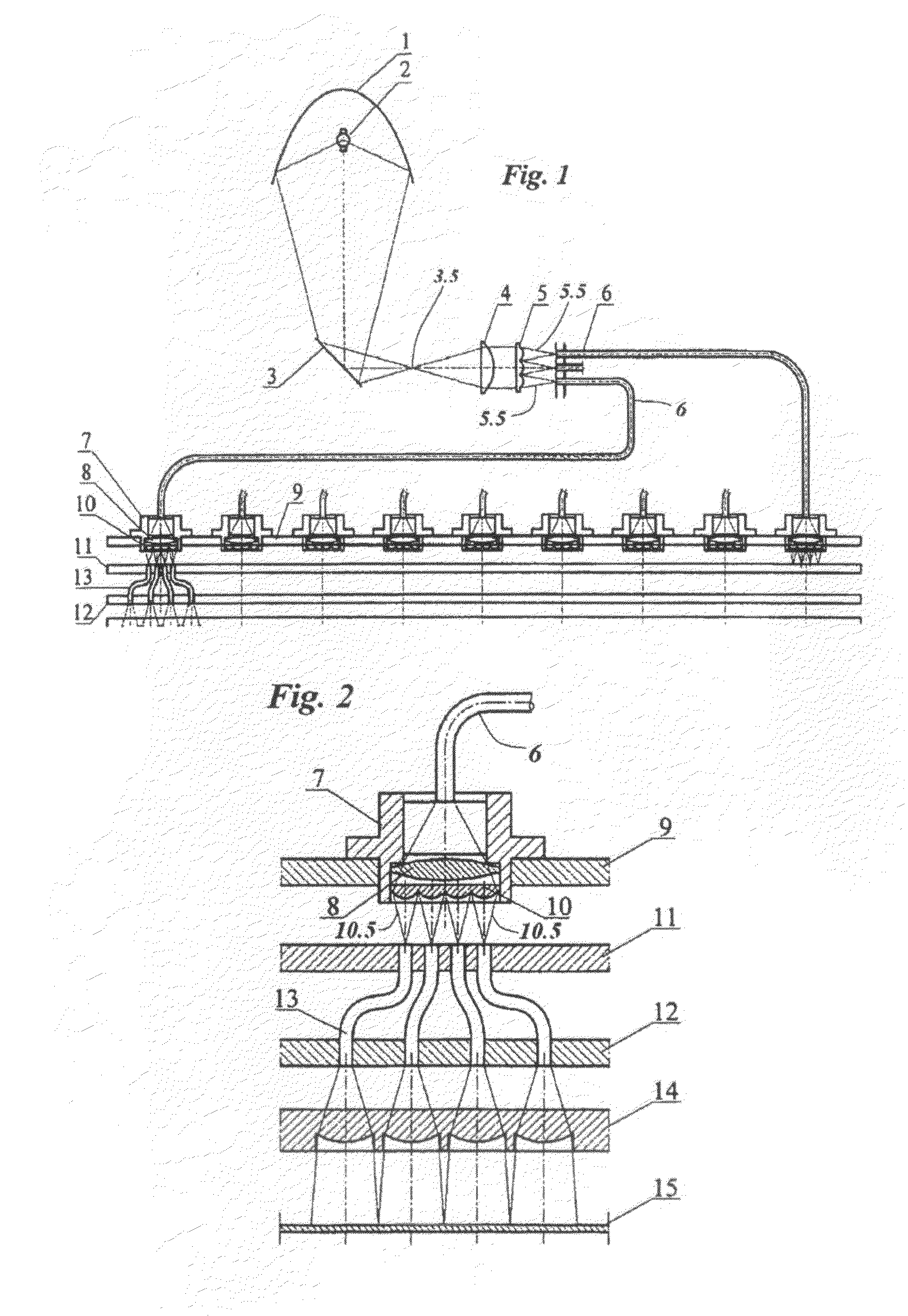 Process and apparatus for the production of collimated UV rays for photolithographic transfer