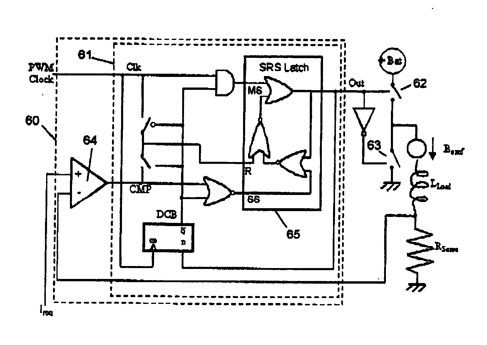 Control of current in an inductance with pulse width modulation at control frequency