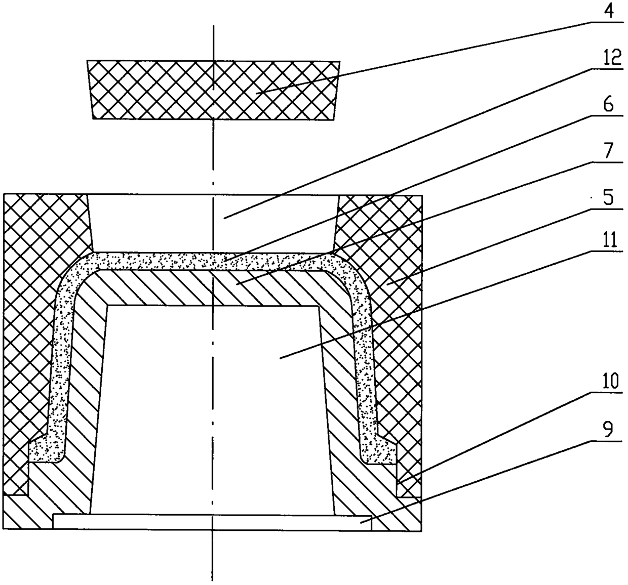 Isostatic pressing forming method of ceramic inner container and die of ceramic inner container