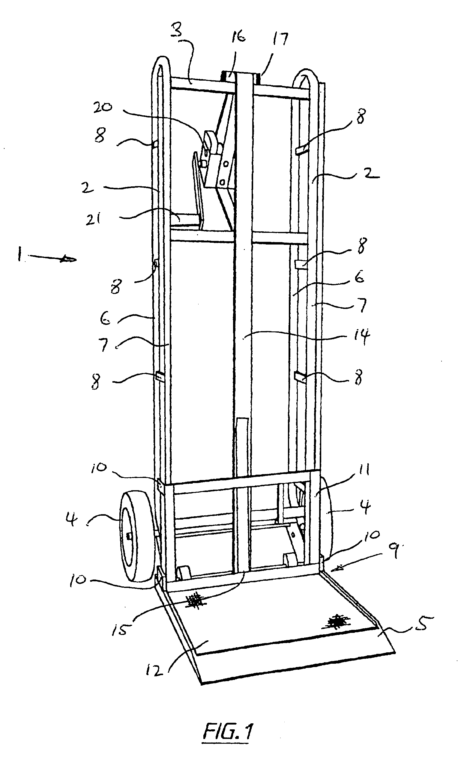 Hand trolley with winch operated lifting carriage
