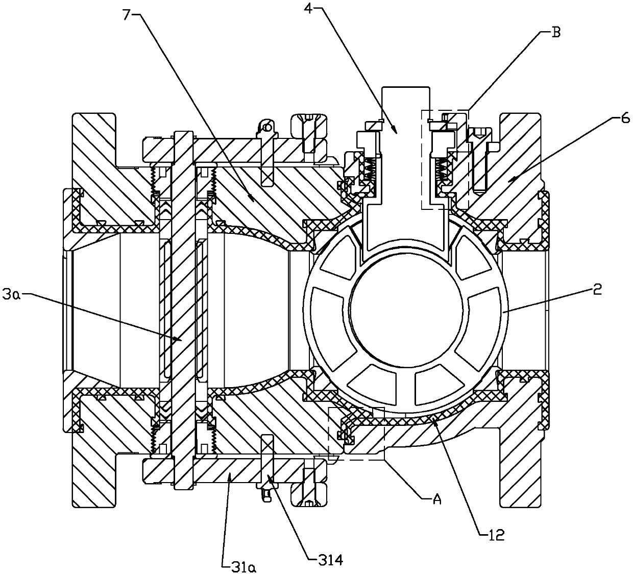 Fluorine-lined ball valve with sealing piece protecting function