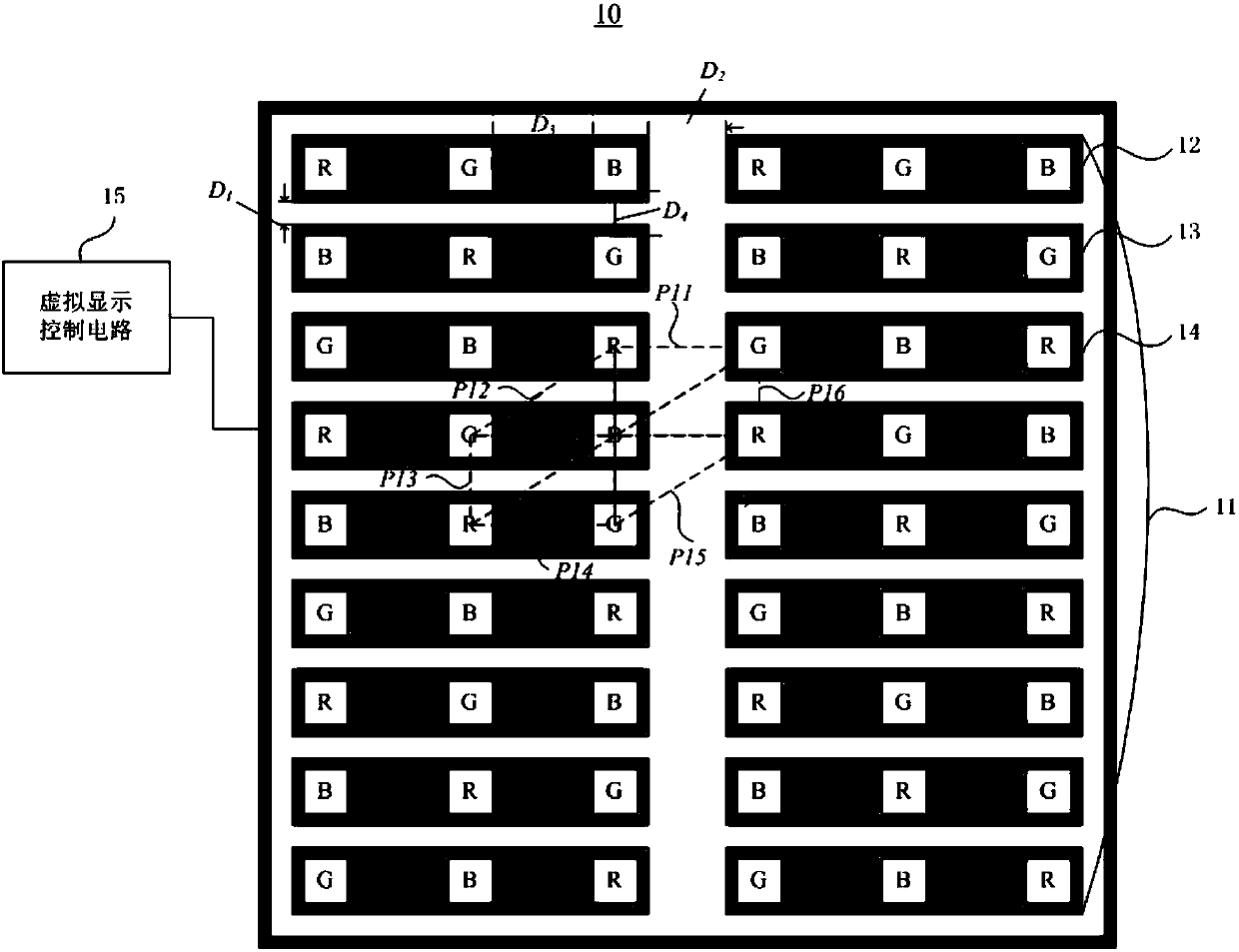 Three color bar-shaped LED chip based virtual LED display module and six frequency doubling display method