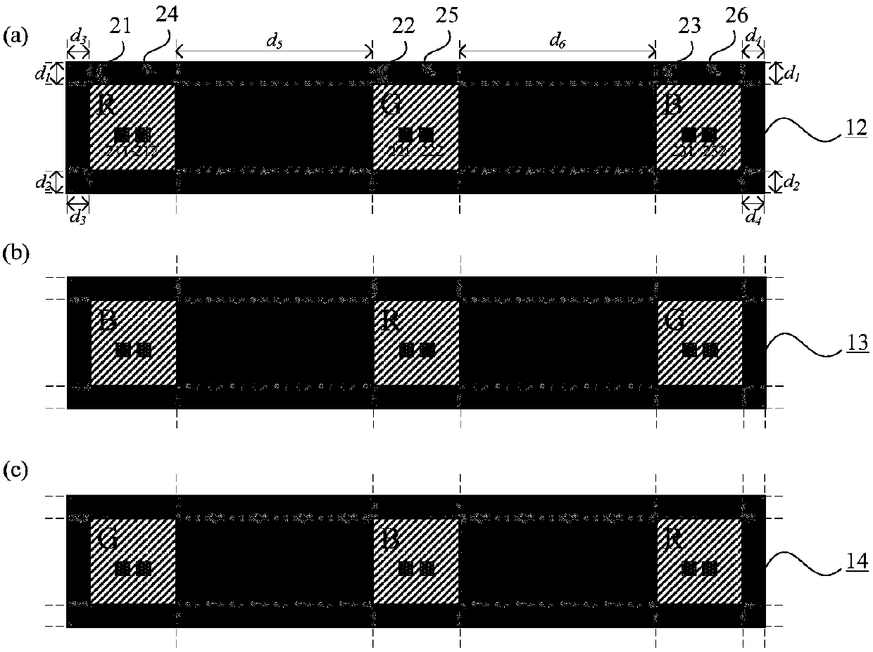 Three color bar-shaped LED chip based virtual LED display module and six frequency doubling display method