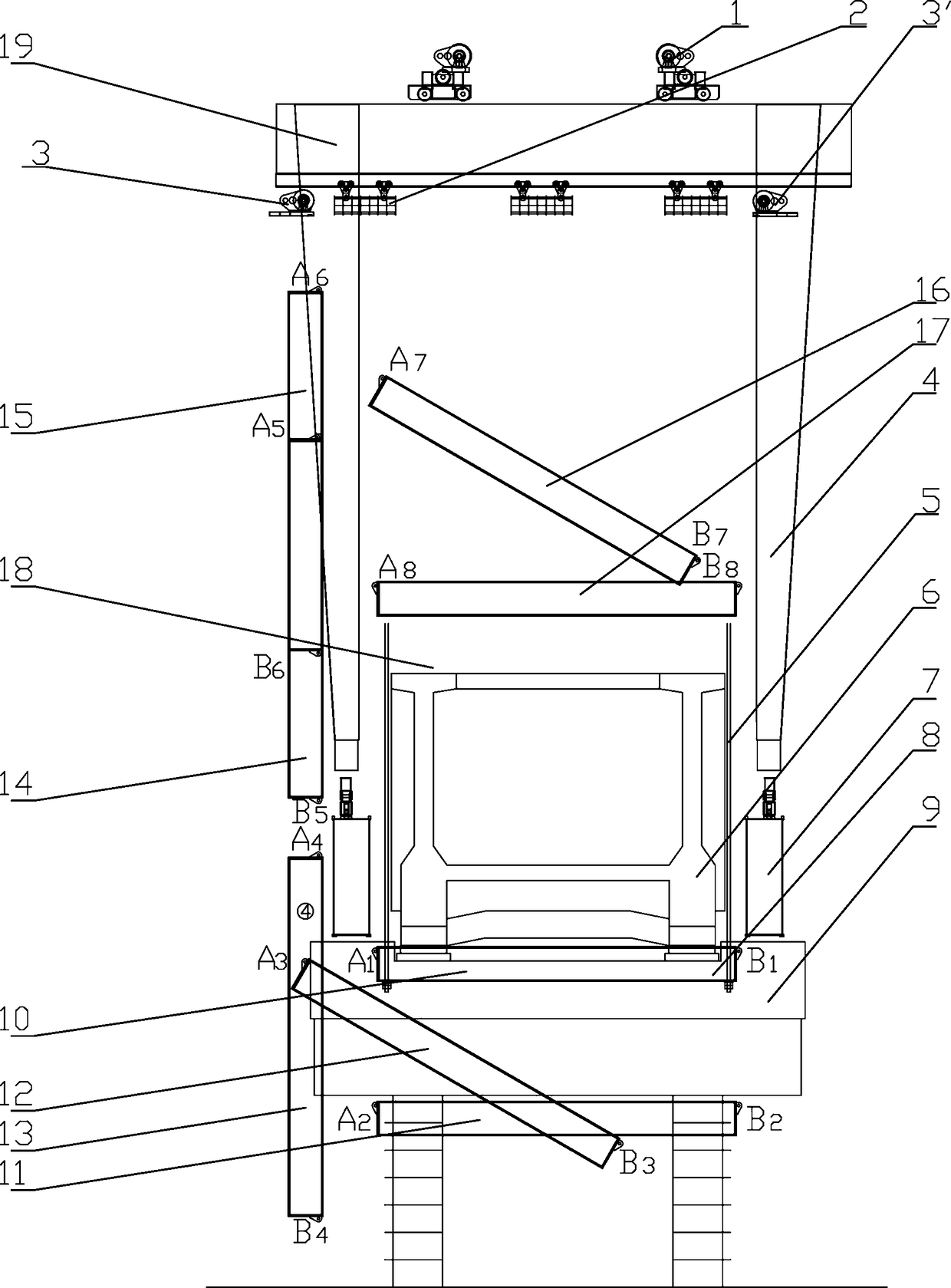 Method and device capable of realizing deflection, turn-over and transposition of carrying pole beams of aqueduct erecting machine in air