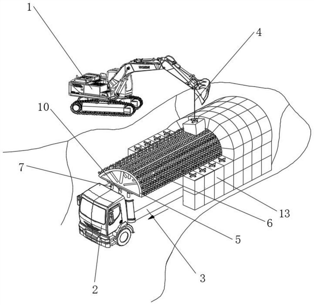 Construction method of buried arched building and construction device of construction method