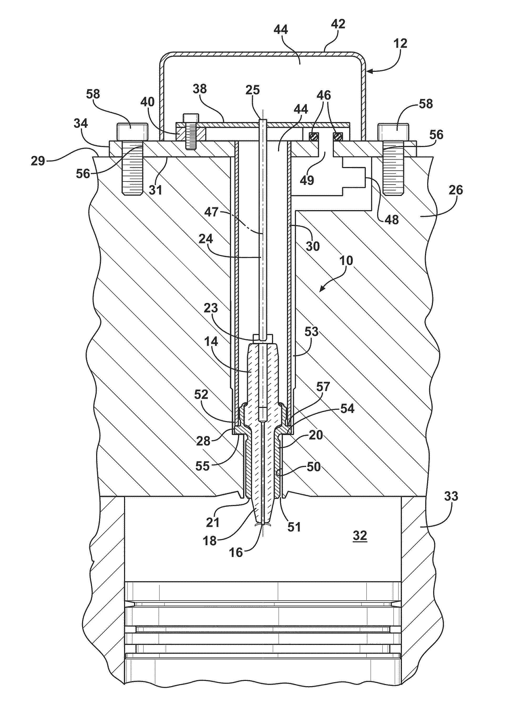 Ignitor for air/fuel mixture and engine therewith and method of assembly thereof into a cylinder head