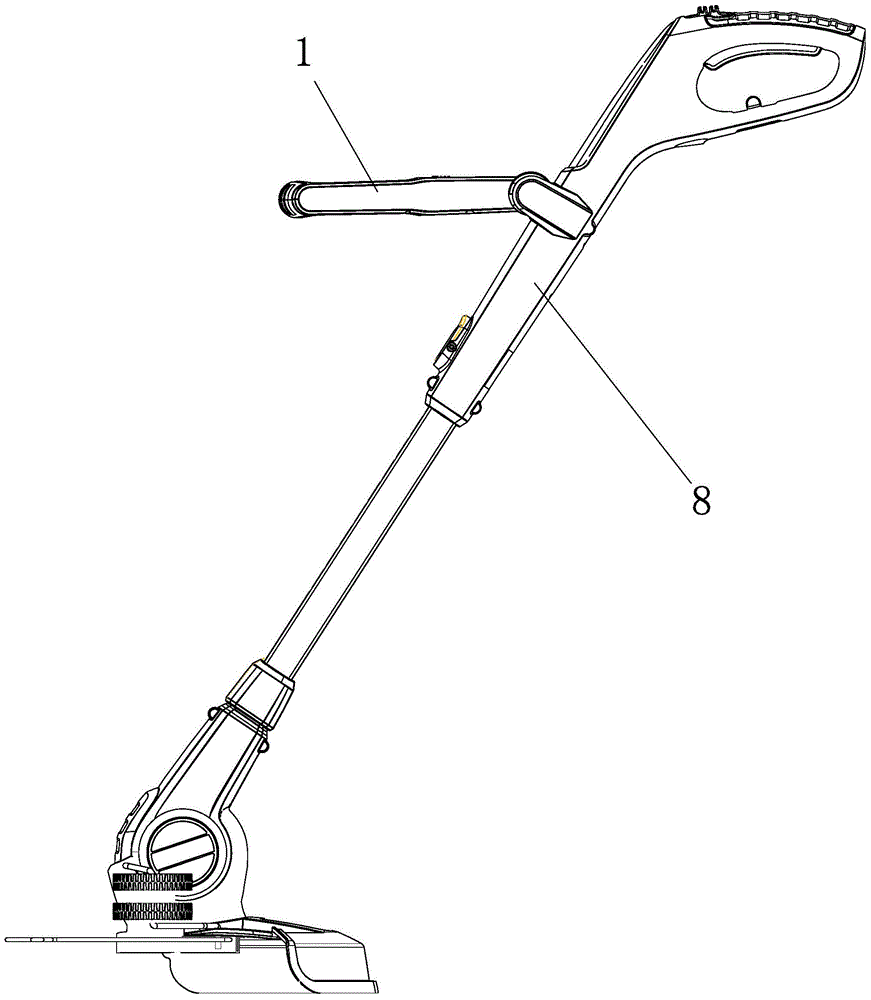 Grass trimmer with secondary handle one-button angle adjusting mechanism