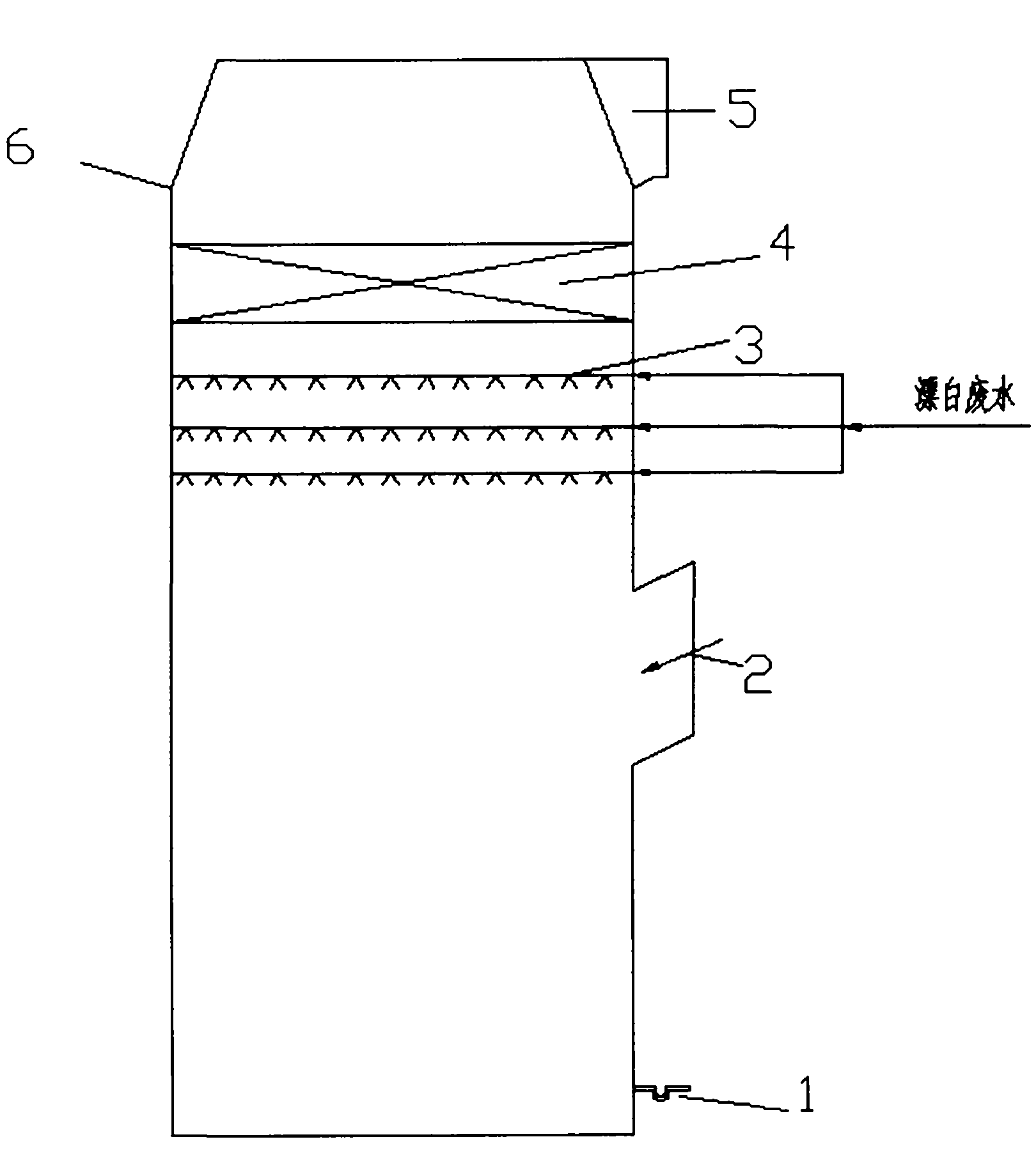 Absorption tower for denitrating flue gas by using bleaching effluent and denitrating method thereof
