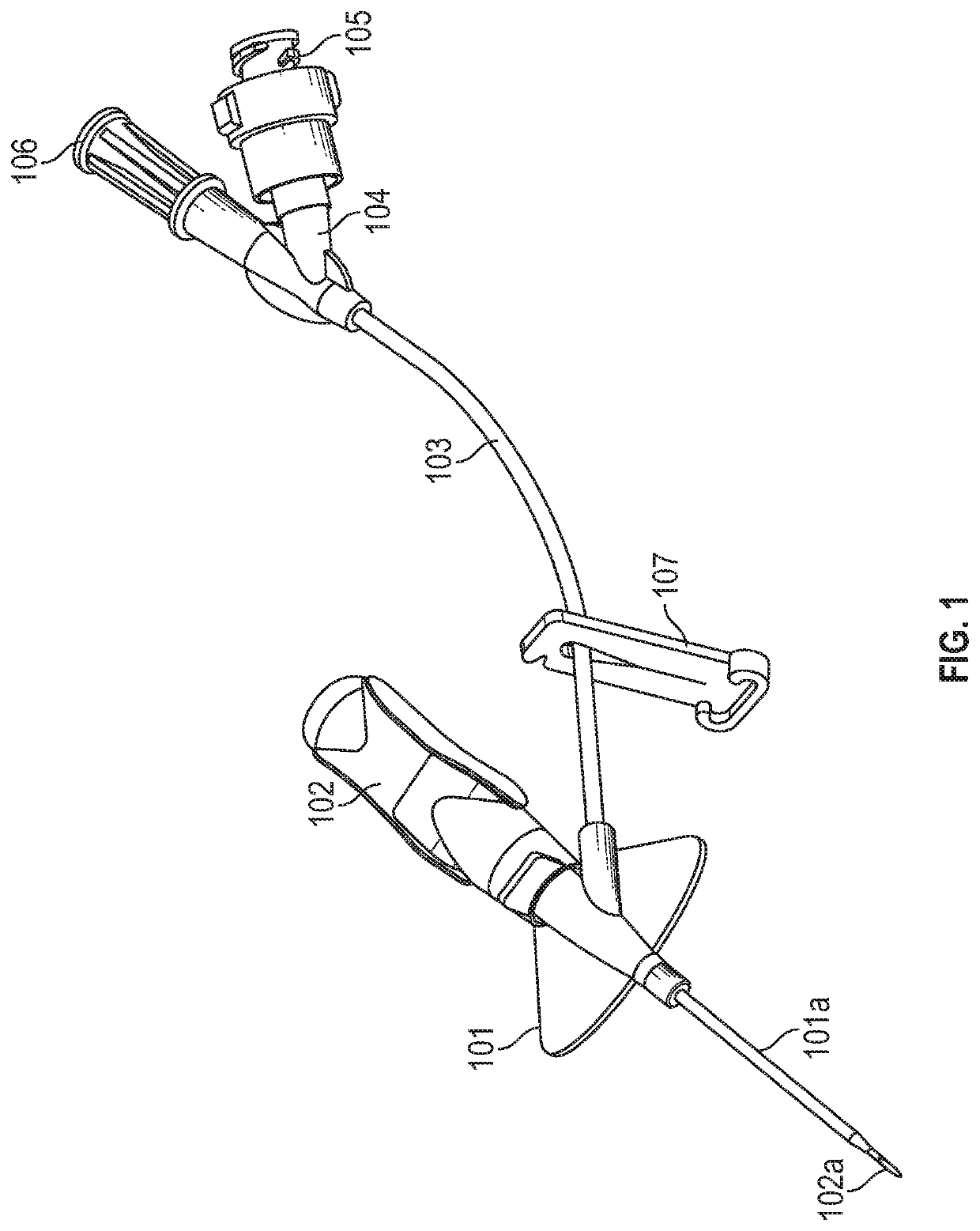 Closed IV access device with paddle grip needle hub and flash chamber