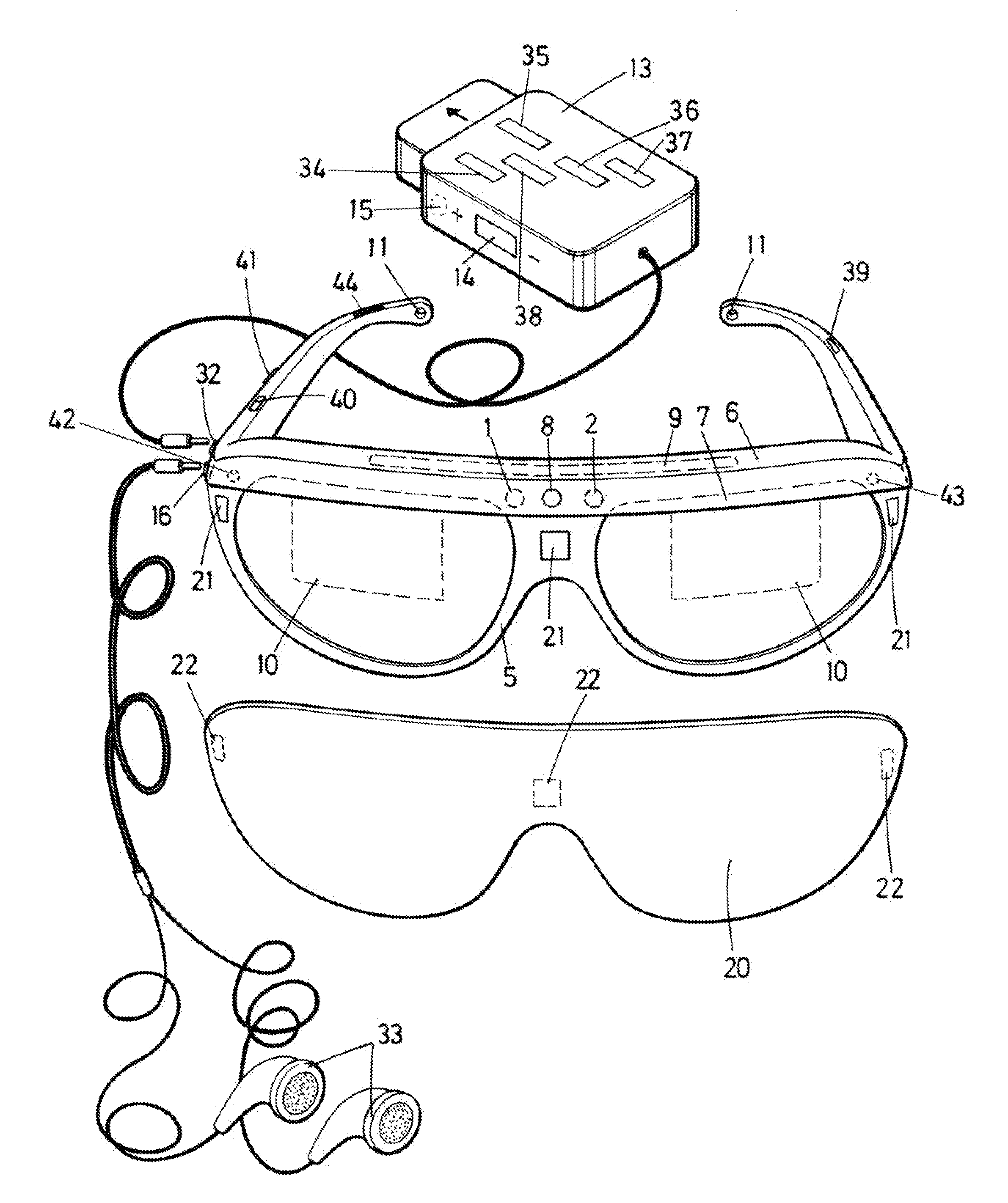 Enhanced-reality electronic device for low-vision pathologies, and implant procedure