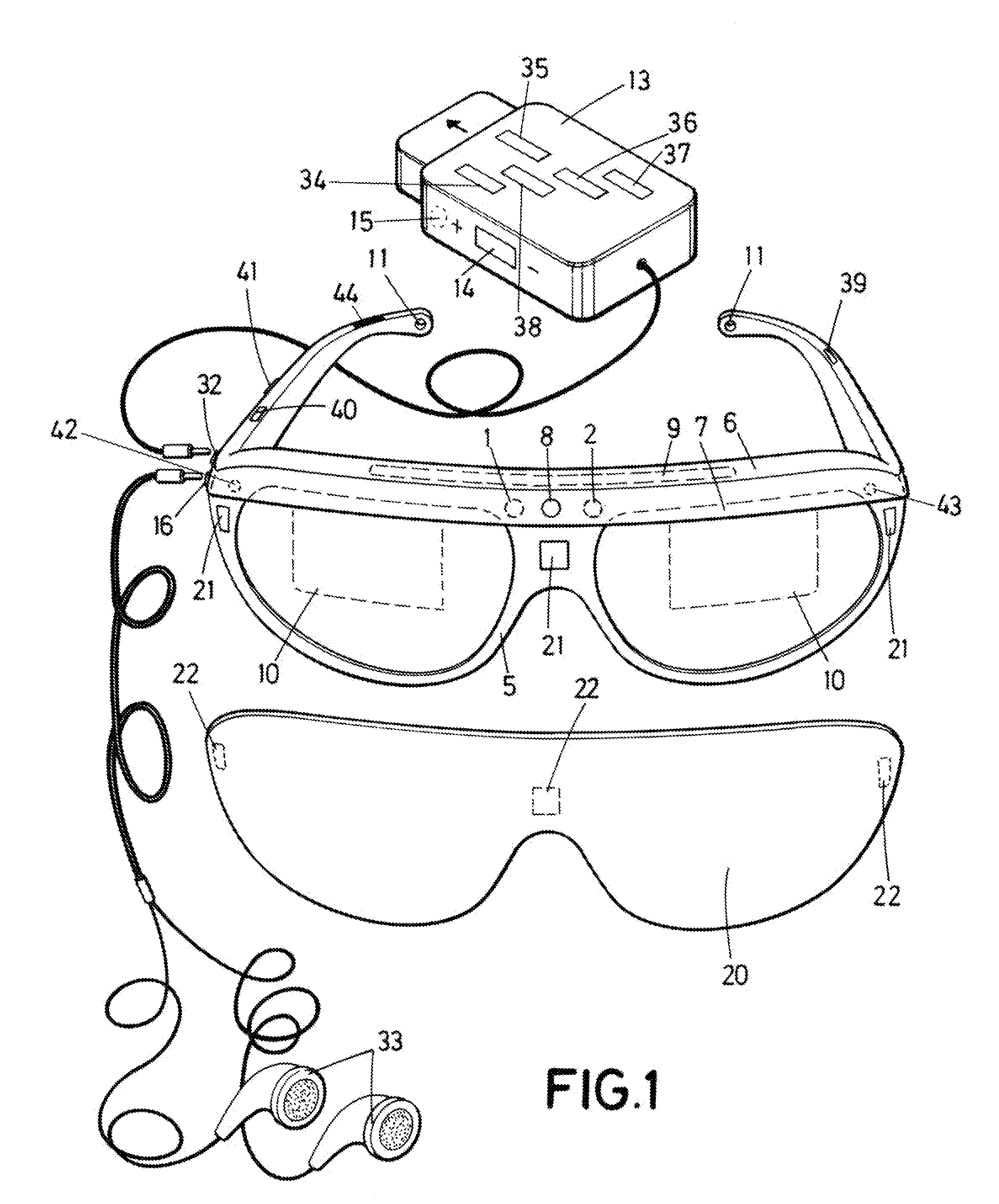 Enhanced-reality electronic device for low-vision pathologies, and implant procedure