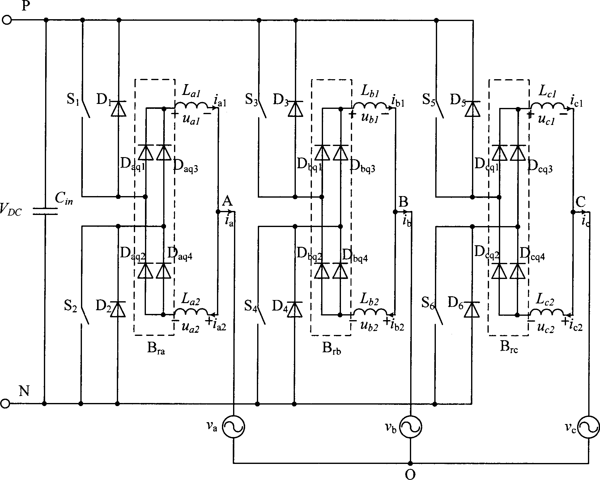 Dead-zone-free three-phase AC/DC converter with high-frequency rectifier bridge