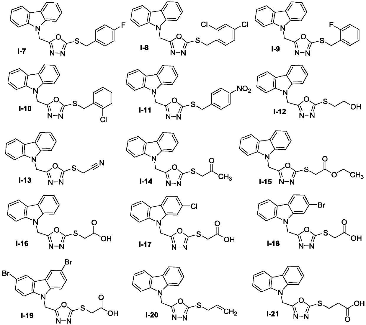 Carbazole oxadiazole conjugates, and preparation method and application thereof