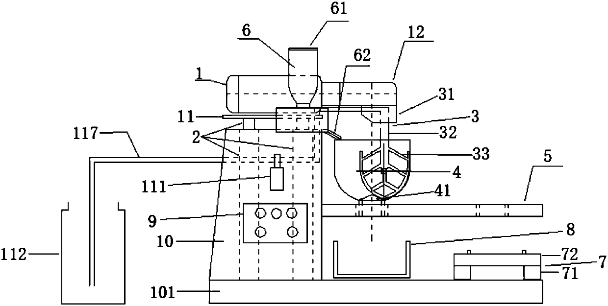 Mixing, forming and instrument cleaning integrated device for cement mortar test piece