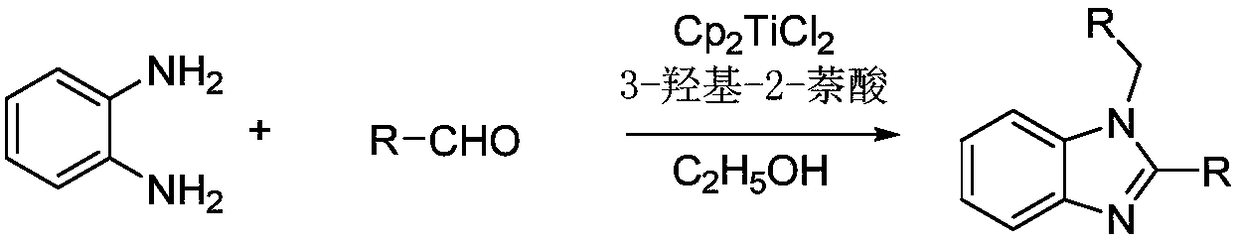 Method for synthesizing 1,2-disubstituted benzimidazole compounds from 3-hydroxy-2-naphthoic acid assisted with titanocene dichloride