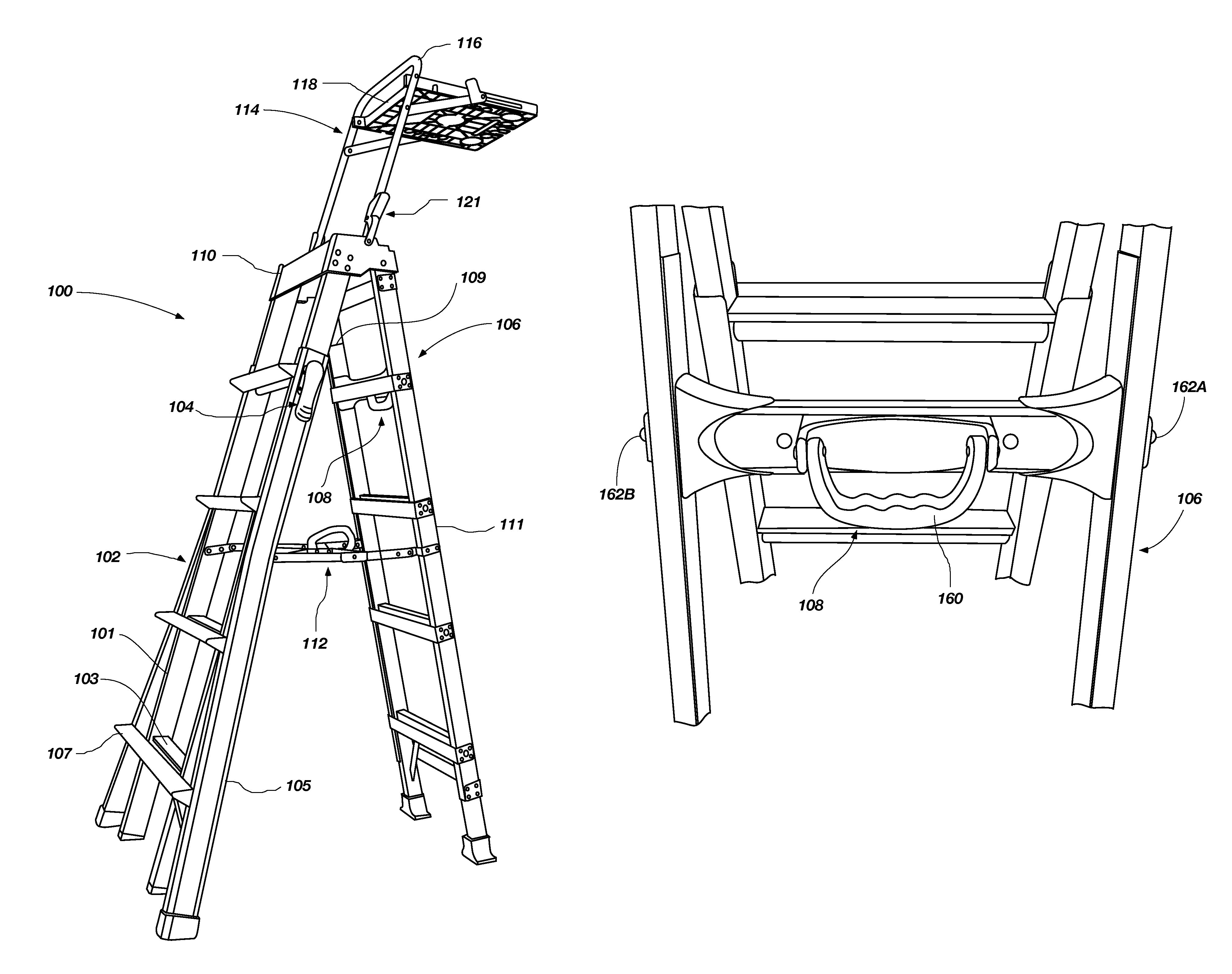 Ladders, ladder components and related methods