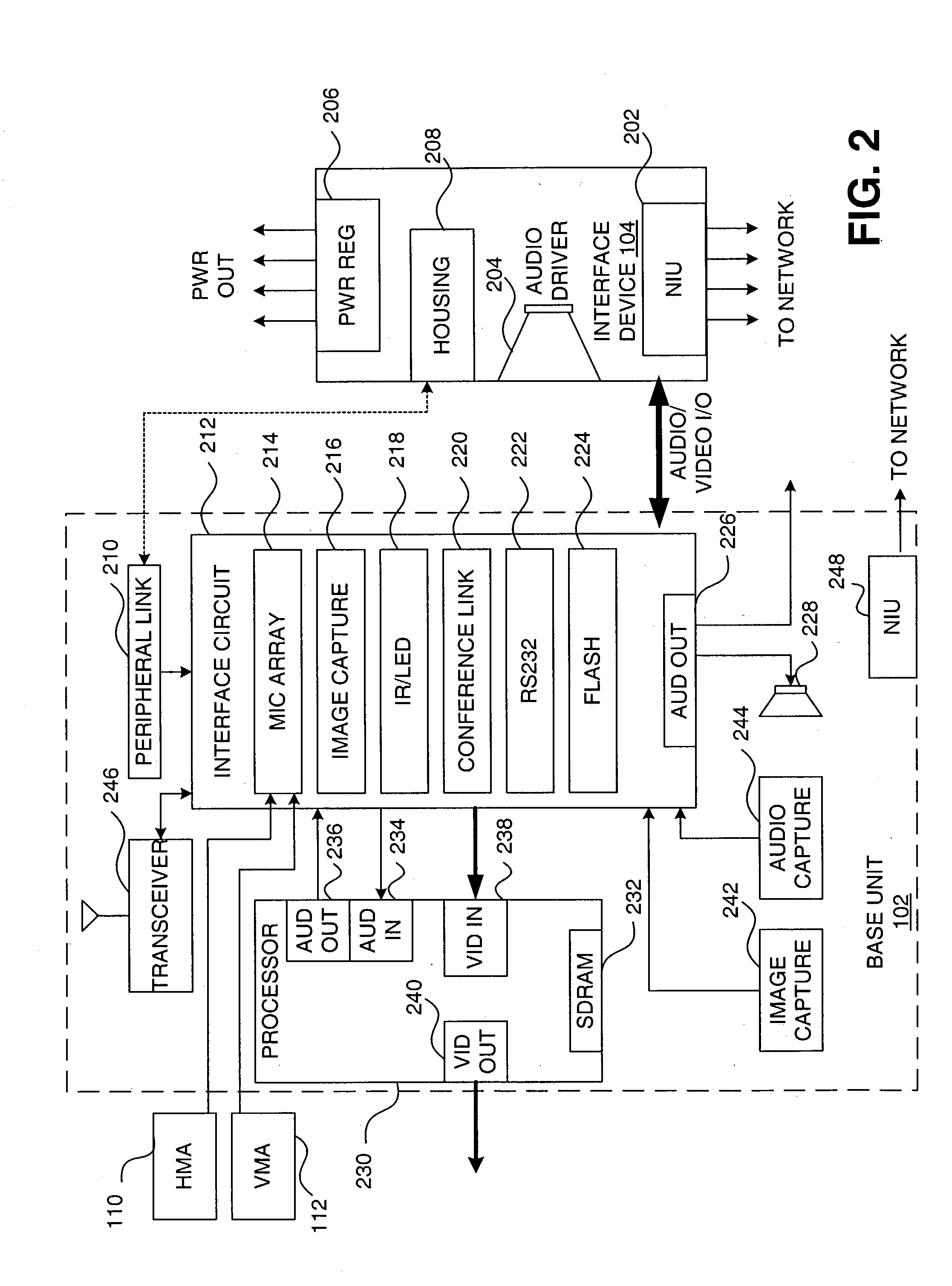 Conferencing system with integrated audio driver and network interface device