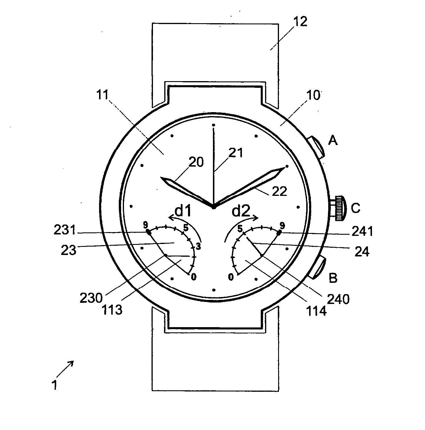Chronograph watch with retrograde display