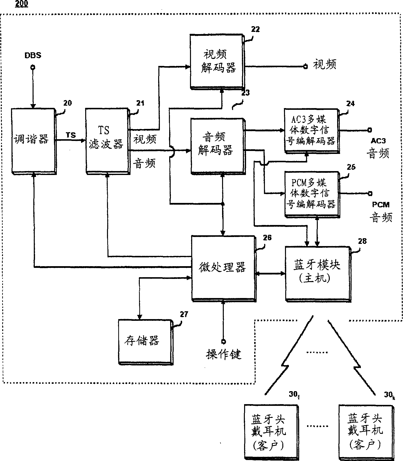 Blue tooth wireless audio output device for digital broadcasting receiver and method thereof
