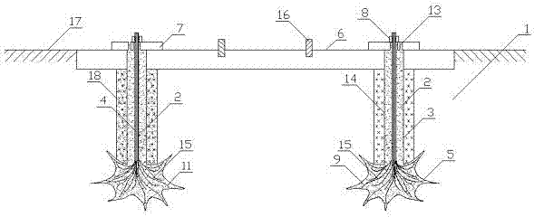 Soil foundation star-shaped arm end multi-cable anti-uplift foundation and construction method thereof