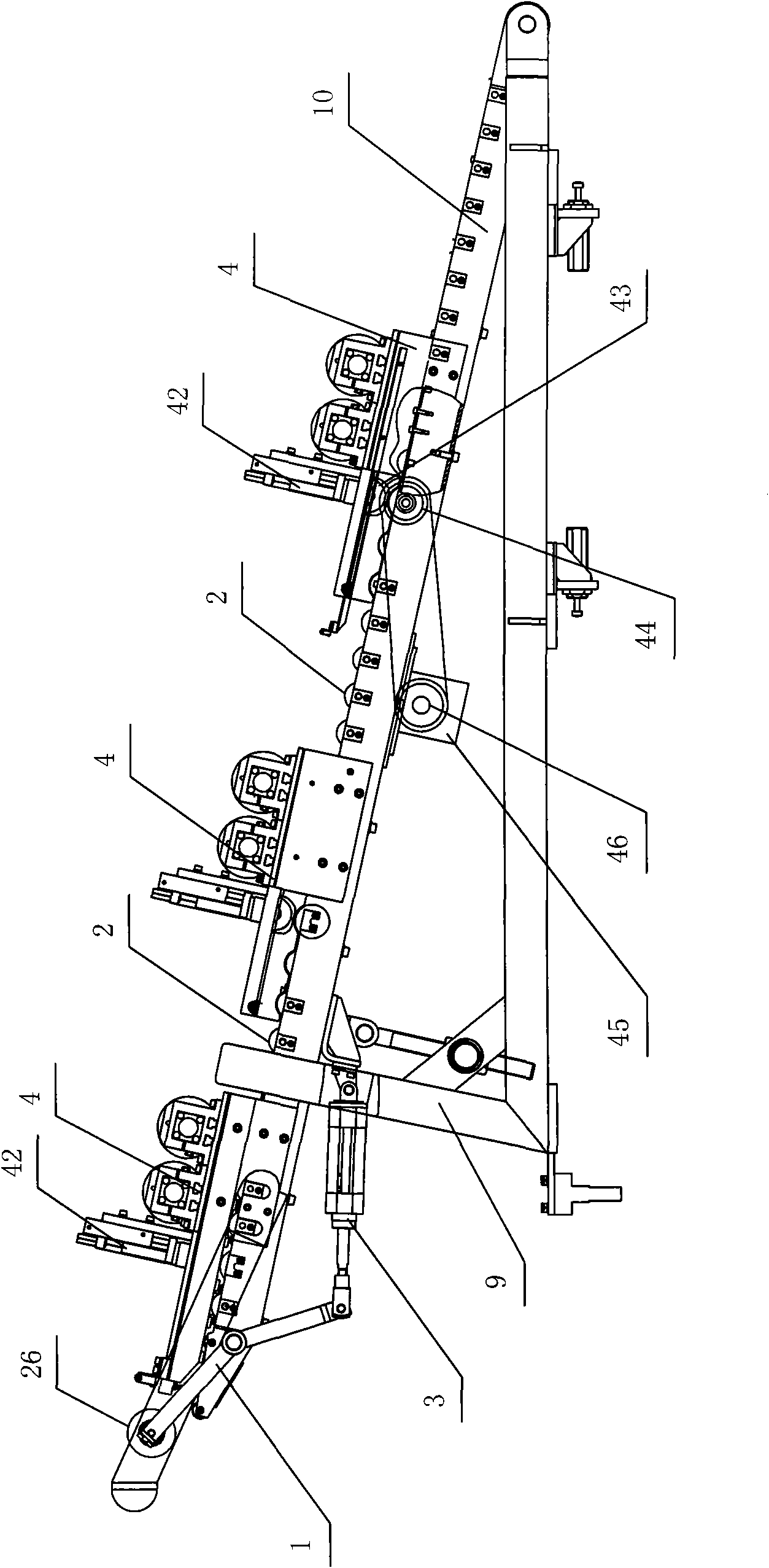 Shoulder wedge feeding frame and front guiding and positioning method thereof