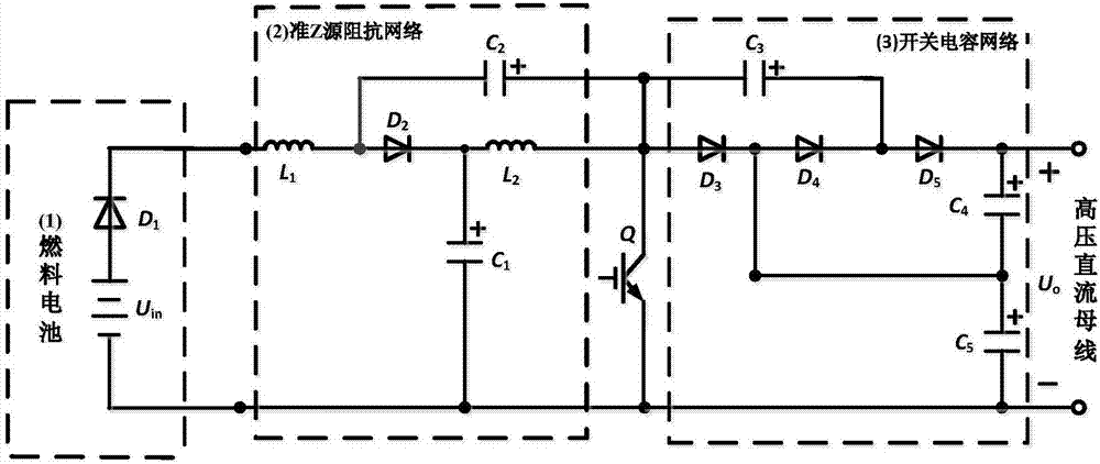 Fuel cell wide-range input type quasi-Z-source switch capacitor boost-type DC converter