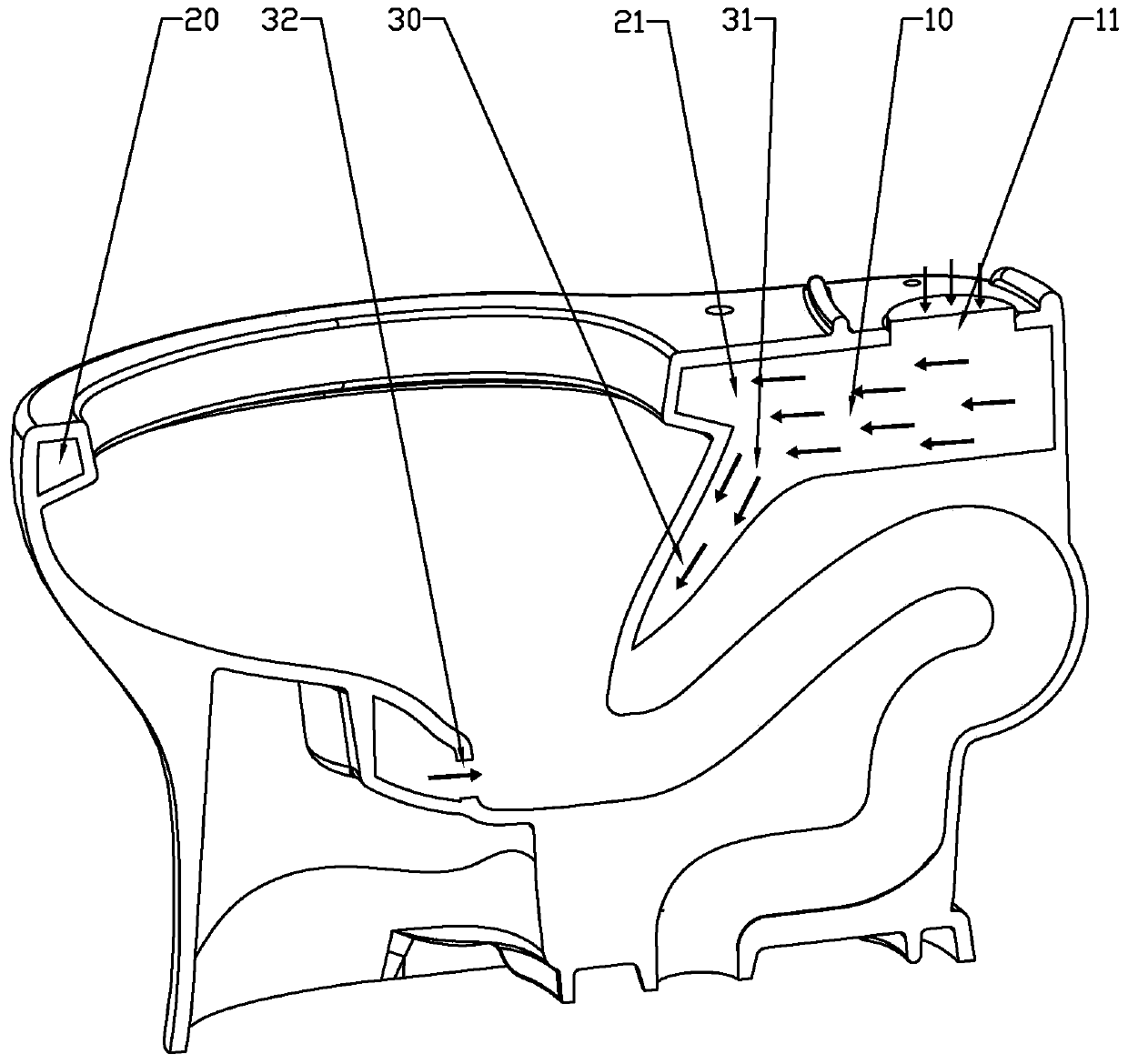 A toilet flushing waterway structure and toilet seat with accelerated siphon