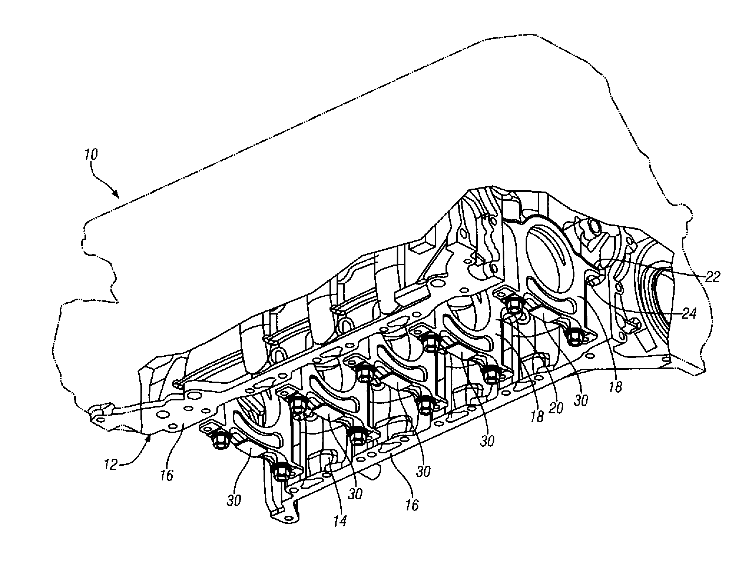 Engine and method for improved crankcase fatigue strength with fracture-split main bearing caps