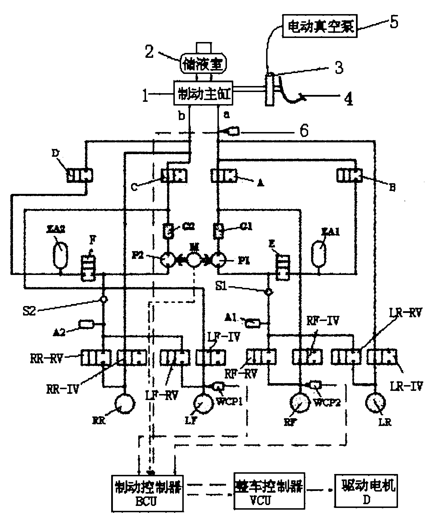 X-type pipeline layout energy feedback type hydraulic antilock brake system for electric vehicle