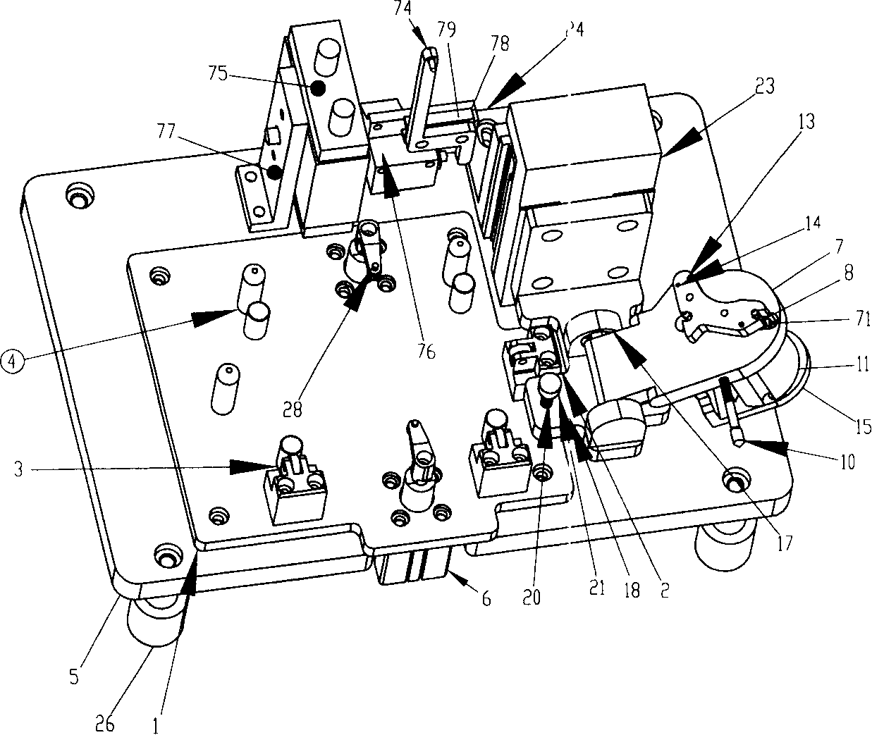 Jack catch and clamping device and turnover device