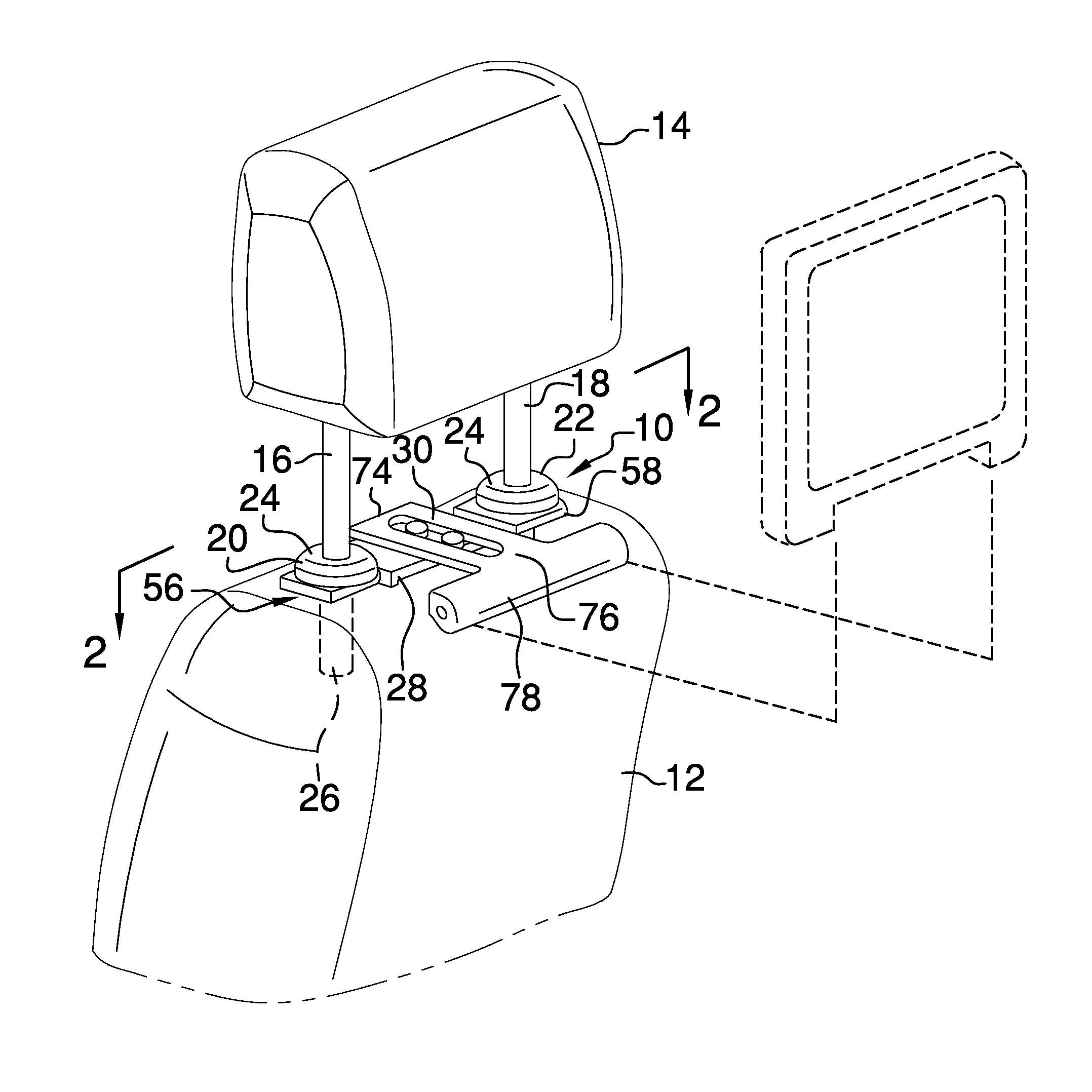 Mounting assembly for securing an entertainment device to a vehicle seat