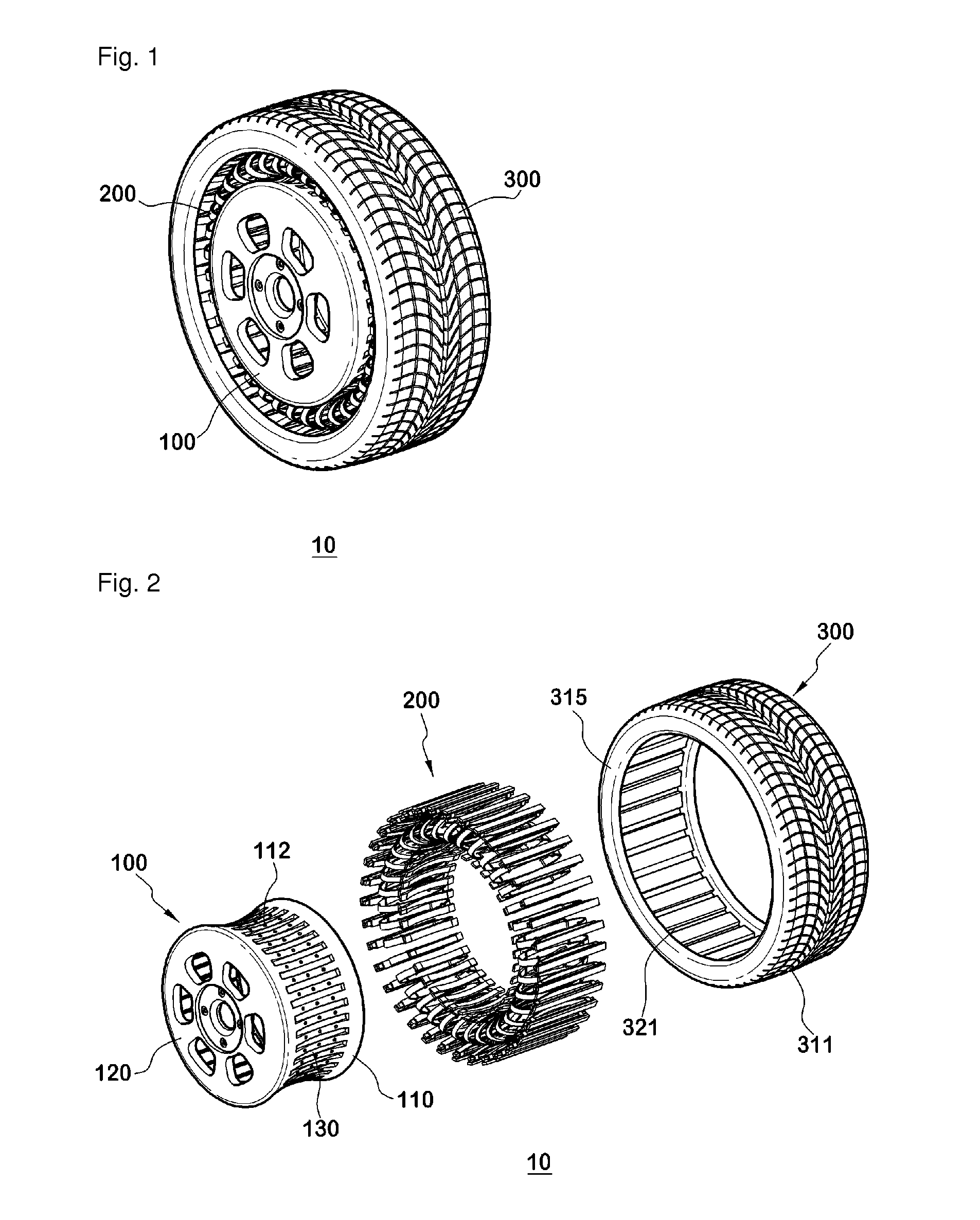 Non-pneumatic wheel assembly and wheel, suspension and tire used therein