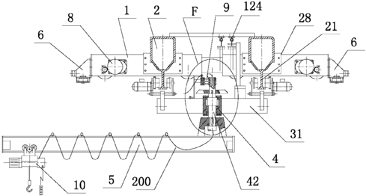 Cantilever crane with two suspension trolleys and end beam anti-tipping devices