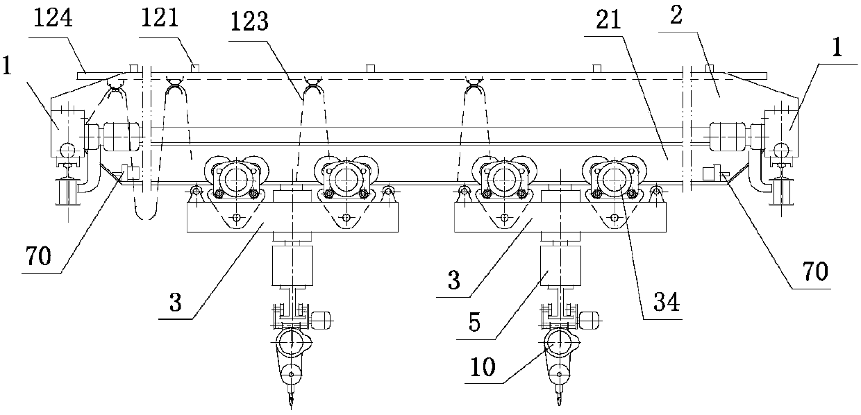 Cantilever crane with two suspension trolleys and end beam anti-tipping devices
