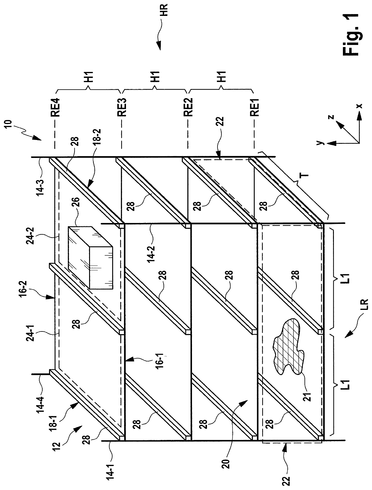 System formed by shelving unit and corresponding telescopic load receiving means without width adjustment