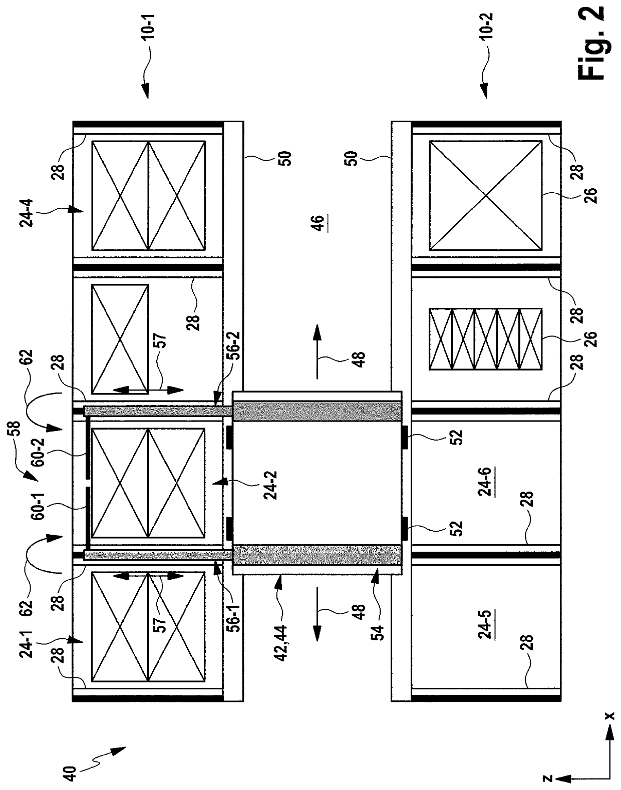 System formed by shelving unit and corresponding telescopic load receiving means without width adjustment