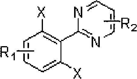 Ortho-position dihalogen substitution compound of aryl pyrimidine and preparing method thereof