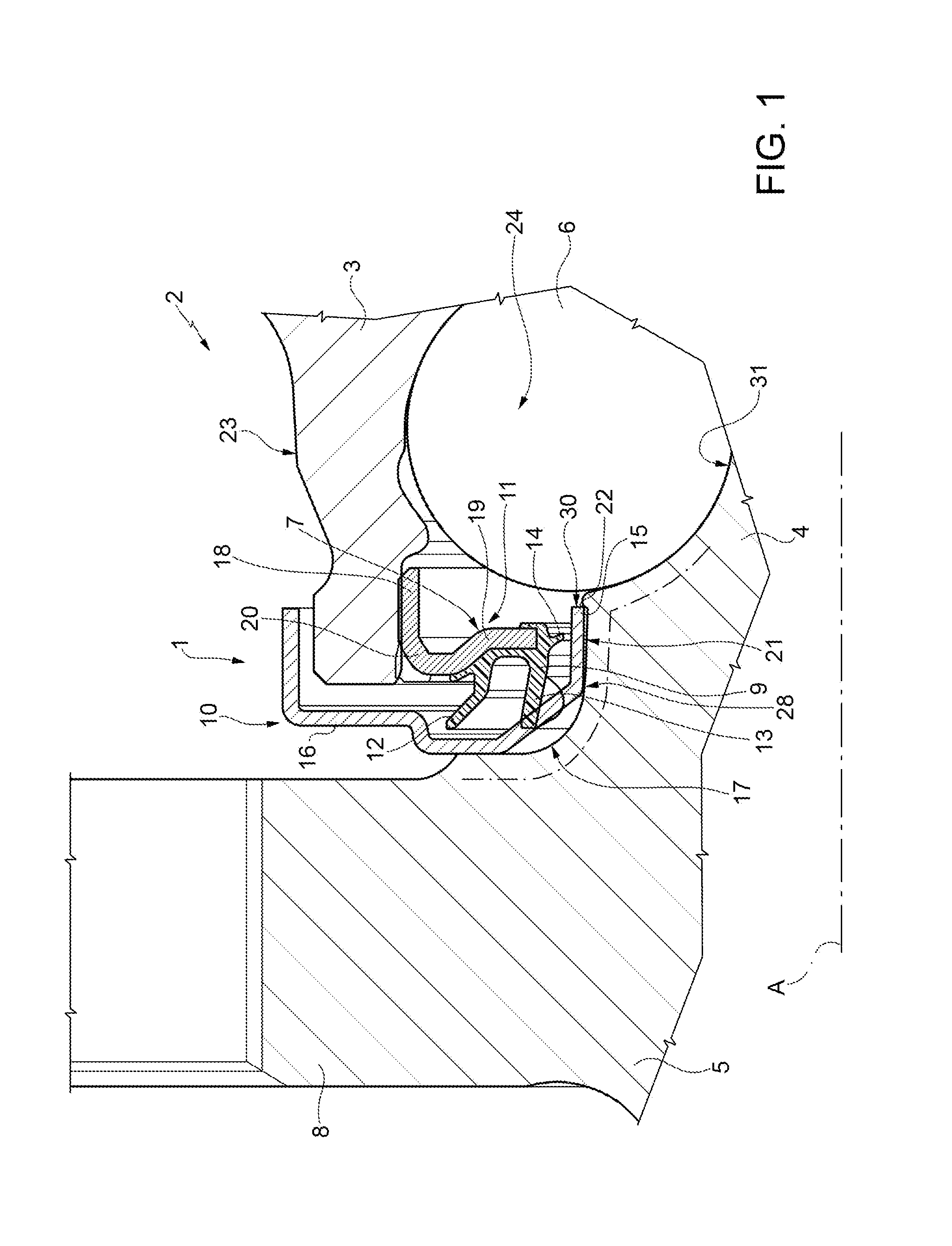 Coupling system of a low friction sealing assembly with a bearing ring and a hub bearing unit equipped with such a sealing assembly
