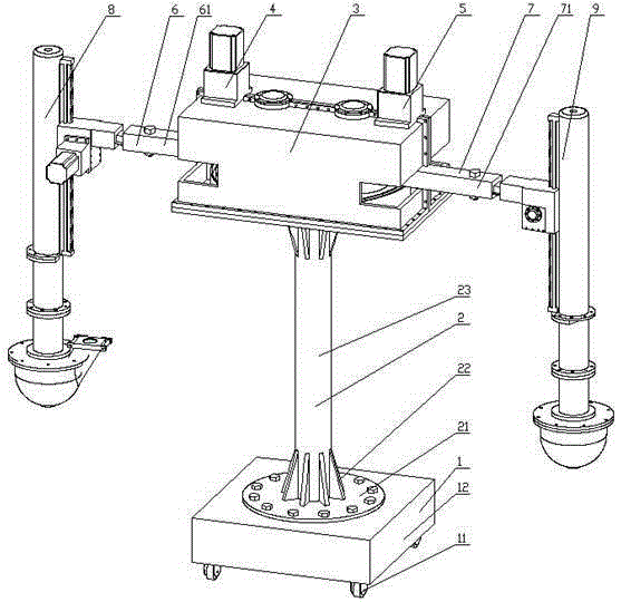 Double swing arm adjustable position melt taking injection machine