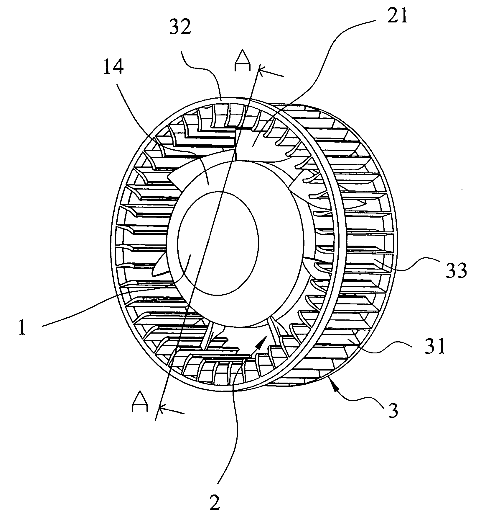 Radial fan having axial fan blade configuration
