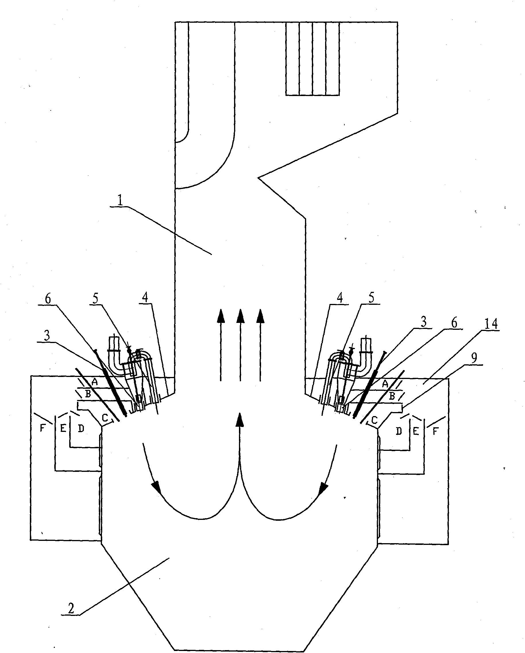 Method for adjusting combustion of W flame furnace by changing quantity of oil secondary air