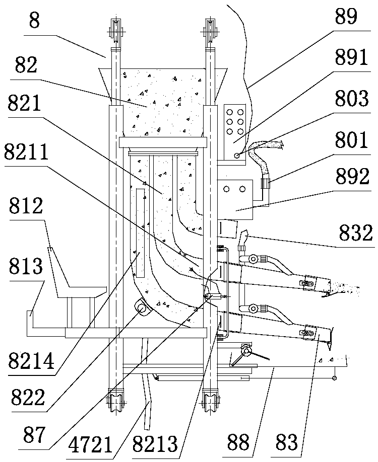 Feeding machine with spraying pipe adjustment device and leaked material receiving device