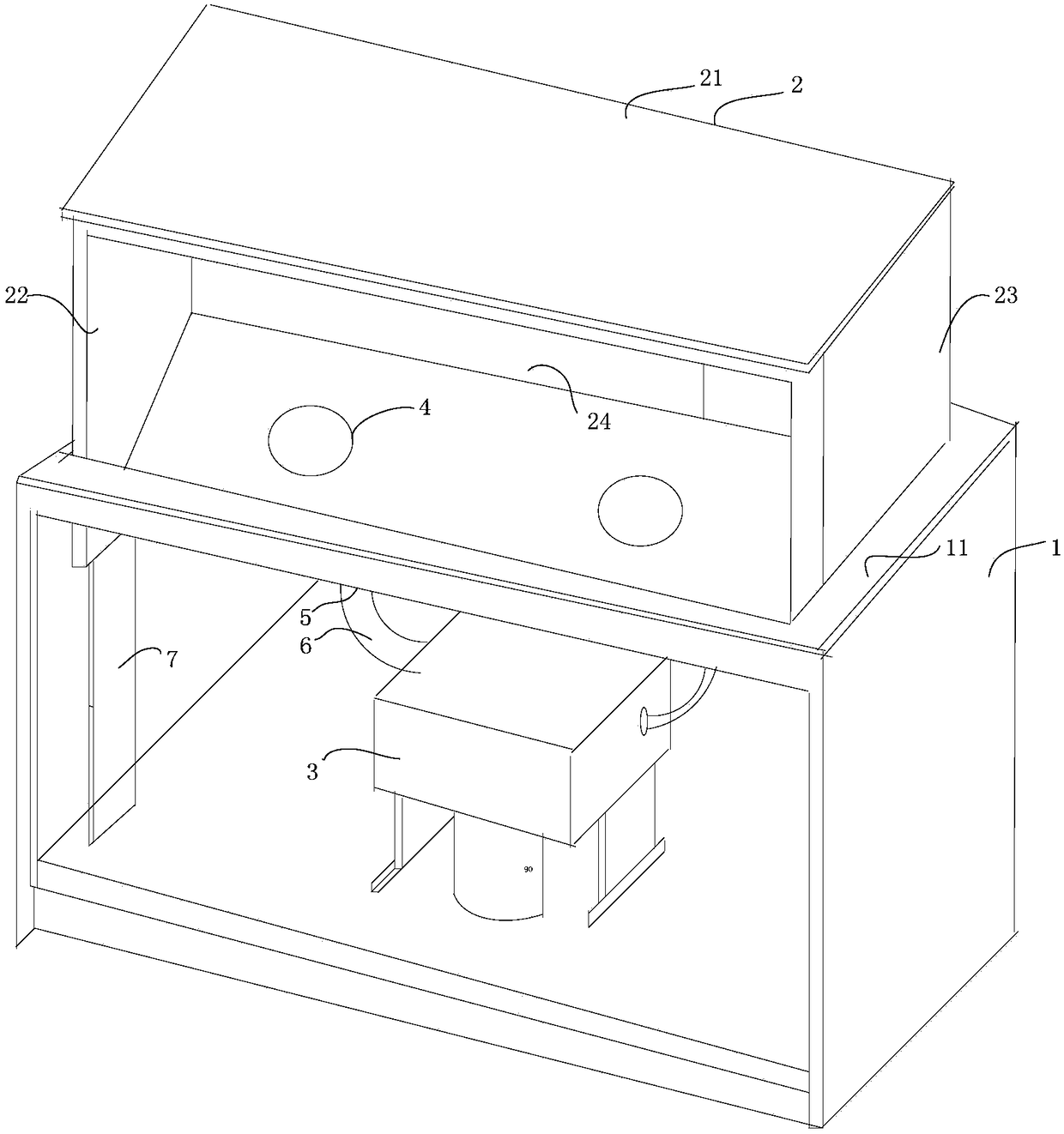 A dust-accumulating box-type frequency conversion range hood and smoke exhaust method