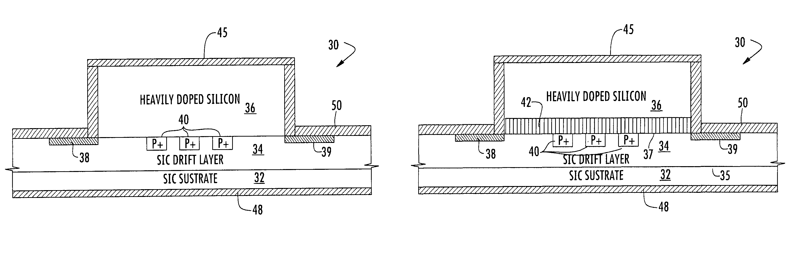 Schottky diode structure with silicon mesa and junction barrier Schottky wells